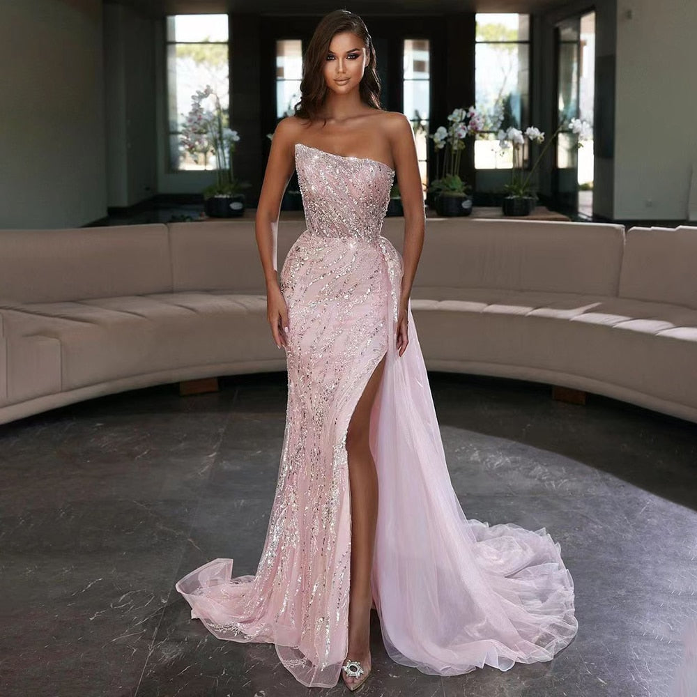 Arabic Sexy Pink Mermaid Luxury  Beaded Strapless Elegant Evening Dresses Gowns 2025 For Women Party LA71777