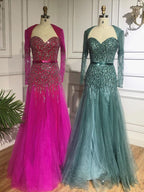 En oferta, sin devolución ni reembolso, vestido de noche árabe sexy fucsia de corte A con mangas largas y cuentas de lujo para mujer, fiesta 2025 LA71810 