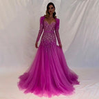 En oferta, sin devolución ni reembolso, vestido de noche árabe sexy fucsia de corte A con mangas largas y cuentas de lujo para mujer, fiesta 2025 LA71810 