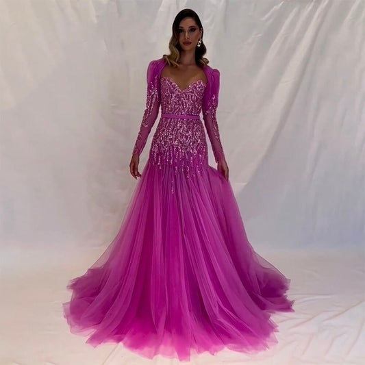 En oferta, sin devolución ni reembolso, vestido de noche árabe sexy fucsia de corte A con mangas largas y cuentas de lujo para mujer, fiesta 2025 LA71810 
