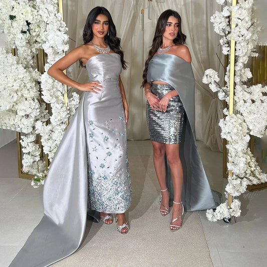 Vestidos de noche árabes de satén sirena gris plateado sin tirantes, de lujo, con cuentas, para mujer, para fiesta de boda, LA72349 
