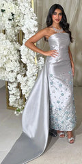 Arabic Silver Gray Mermaid Satin Strapless Luxury Beaded Evening Dresses Gowns 2025 For Women Wedding Party LA72349