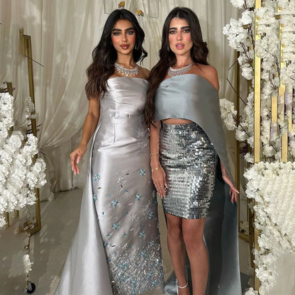 Vestidos de noche árabes de satén sirena gris plateado sin tirantes, de lujo, con cuentas, para mujer, para fiesta de boda, LA72349 