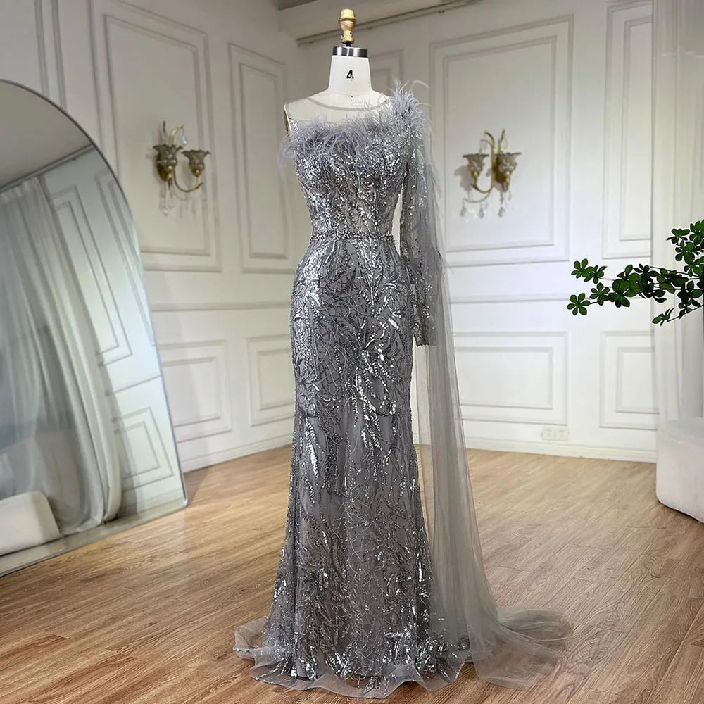 Arabic Silver Gray One Shoulder Mermaid Long Cloak Beaded Evening Dresses Gowns for Women Wedding Party 2025 LA72446