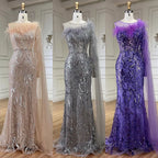Arabic Silver Gray One Shoulder Mermaid Long Cloak Beaded Evening Dresses Gowns for Women Wedding Party 2025 LA72446