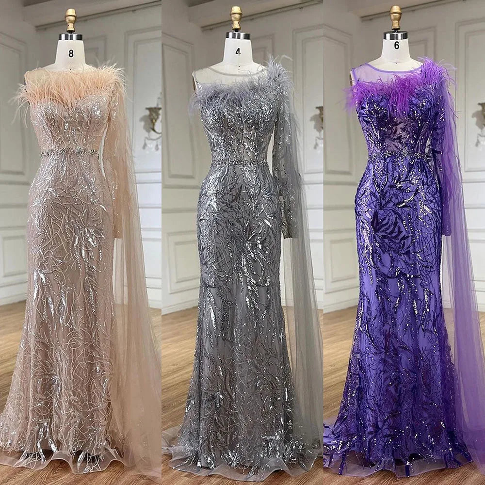 Arabic Silver Gray One Shoulder Mermaid Long Cloak Beaded Evening Dresses Gowns for Women Wedding Party 2025 LA72446