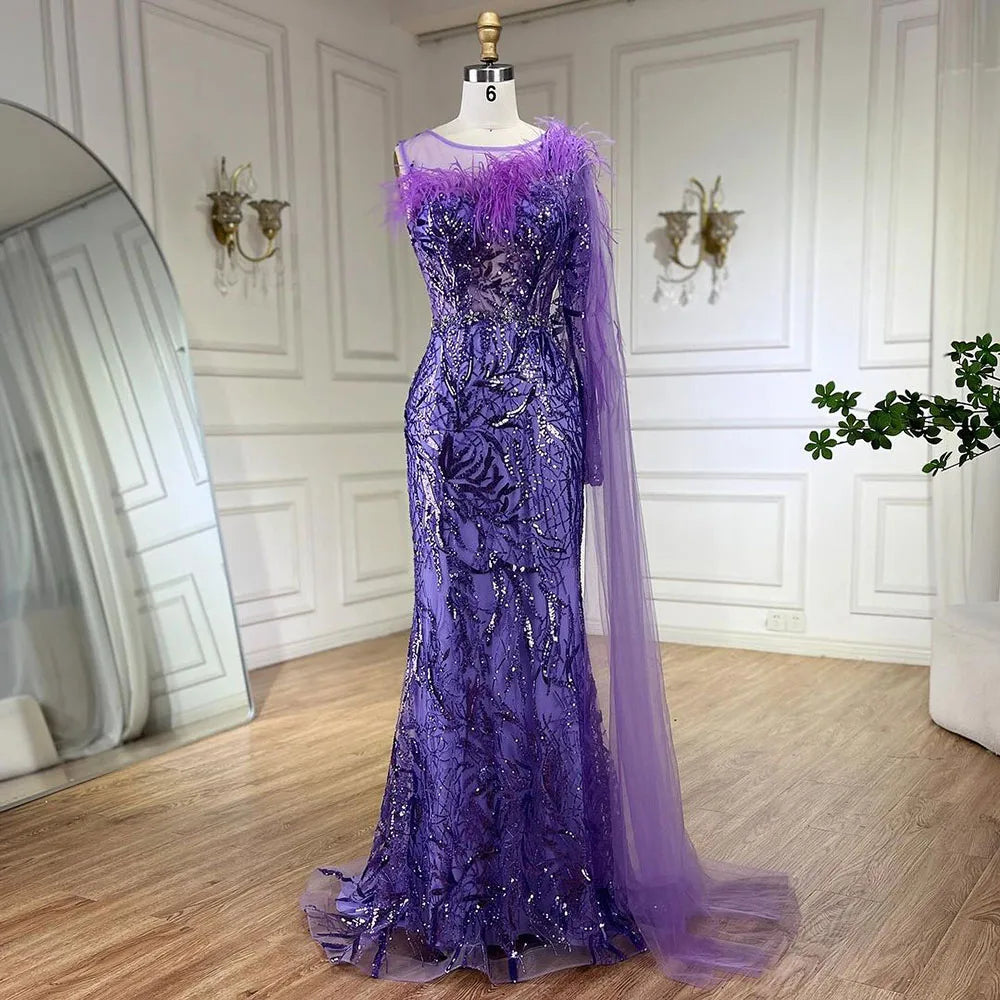 Arabic Silver Gray One Shoulder Mermaid Long Cloak Beaded Evening Dresses Gowns for Women Wedding Party 2025 LA72446
