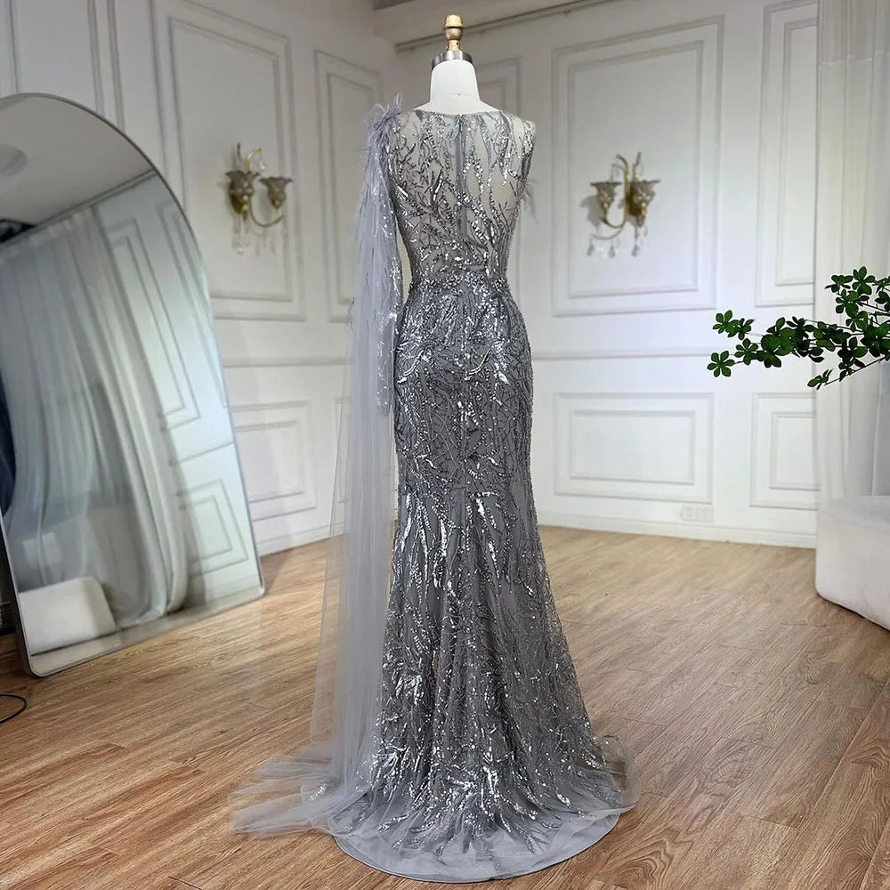 Arabic Silver Gray One Shoulder Mermaid Long Cloak Beaded Evening Dresses Gowns for Women Wedding Party 2025 LA72446