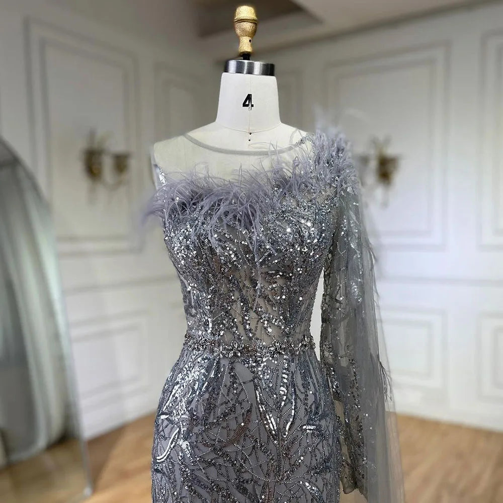 Arabic Silver Gray One Shoulder Mermaid Long Cloak Beaded Evening Dresses Gowns for Women Wedding Party 2025 LA72446