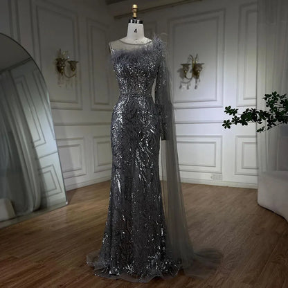 Arabisch Silber Grau Eine Schulter Meerjungfrau Langen Mantel Perlen Abendkleider Kleider für Frauen Hochzeit Party 2025 LA72446 