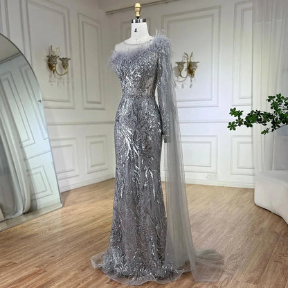 Arabisch Silber Grau Eine Schulter Meerjungfrau Langen Mantel Perlen Abendkleider Kleider für Frauen Hochzeit Party 2025 LA72446 