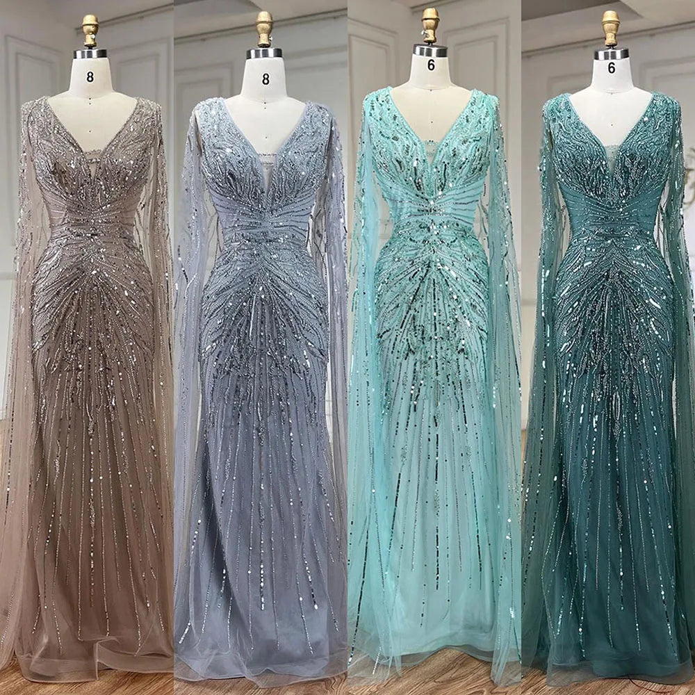 Luxuriöses Abendkleid im Meerjungfrauen-Stil aus Dubai mit Cape und V-Ausschnitt LA72239
