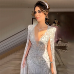 Luxury Dubai Turquoise Mermaid Evening Dresses with Cape V-Neck LA72239