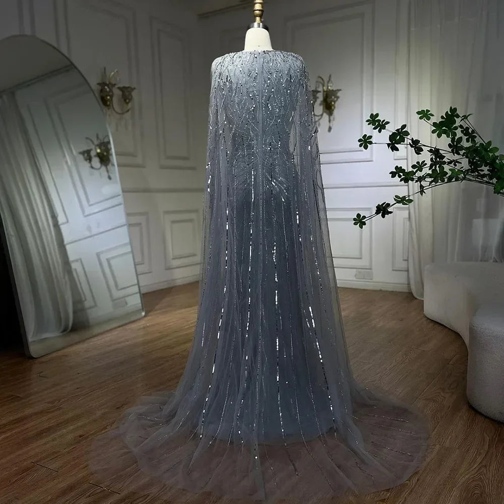 Luxury Dubai Turquoise Mermaid Evening Dresses with Cape V-Neck LA72239