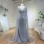 Luxury Dubai Turquoise Mermaid Evening Dresses with Cape V-Neck LA72239