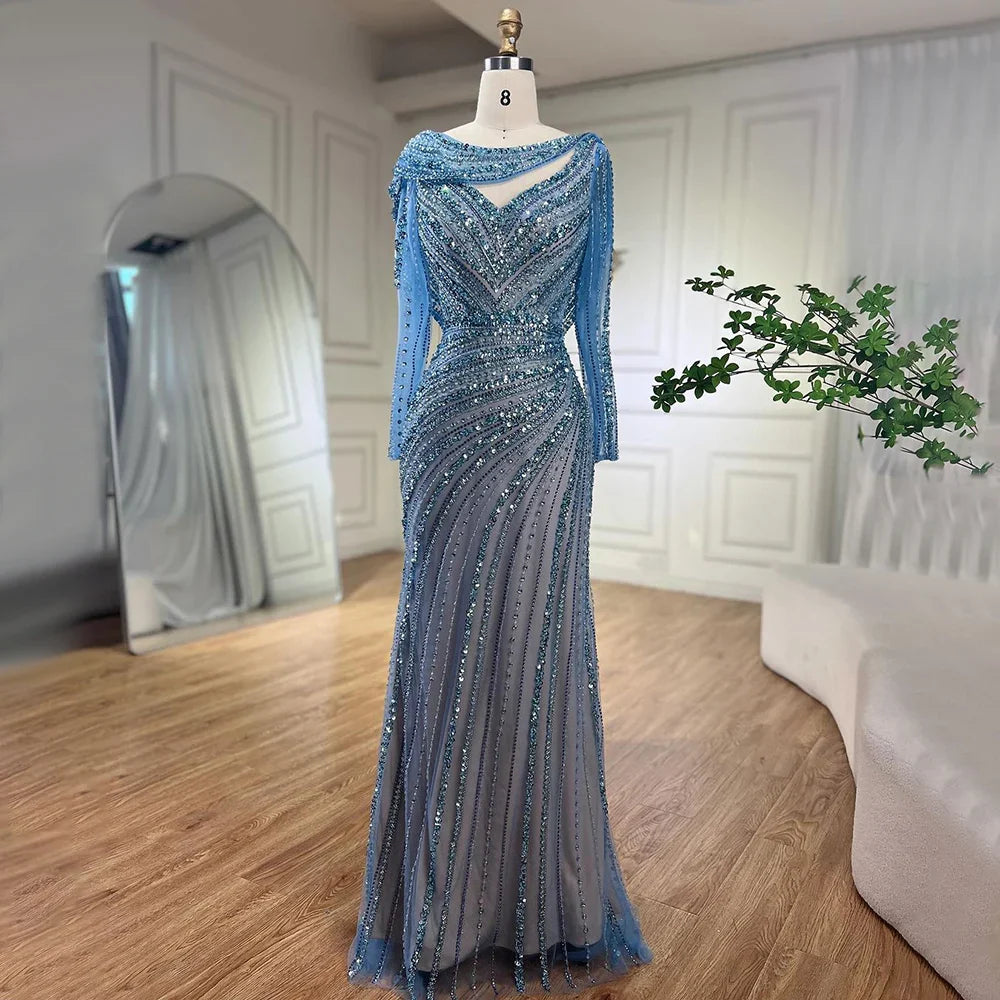 Vestido de noche elegante estilo sirena azul con cuentas color nude y plata árabe de Dubái para mujer, vestido de fiesta 2025 LA70752L 