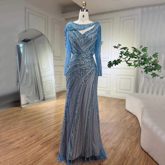 Vestido de noche elegante estilo sirena azul con cuentas color nude y plata árabe de Dubái para mujer, vestido de fiesta 2025 LA70752L 