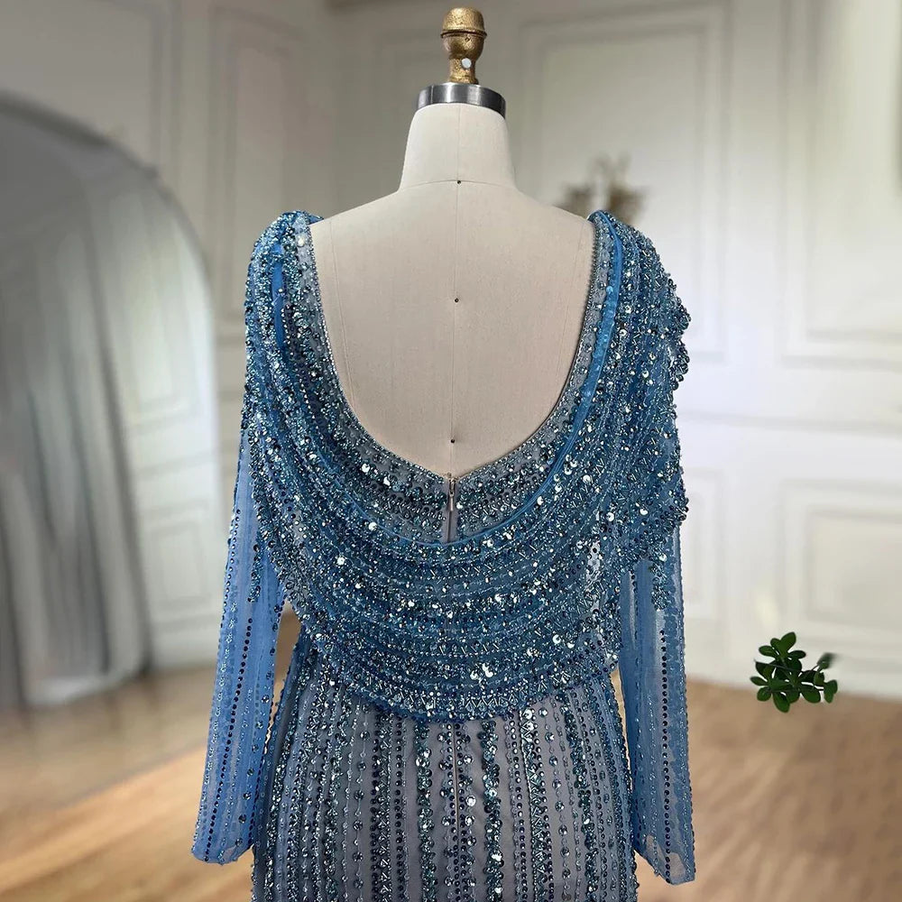 Vestido de noche elegante estilo sirena azul con cuentas color nude y plata árabe de Dubái para mujer, vestido de fiesta 2025 LA70752L 