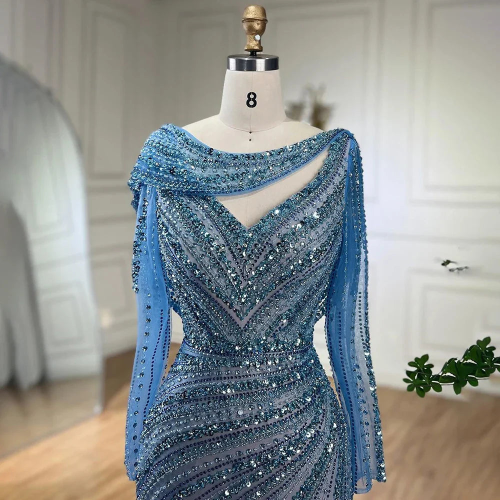Vestido de noche elegante estilo sirena azul con cuentas color nude y plata árabe de Dubái para mujer, vestido de fiesta 2025 LA70752L 