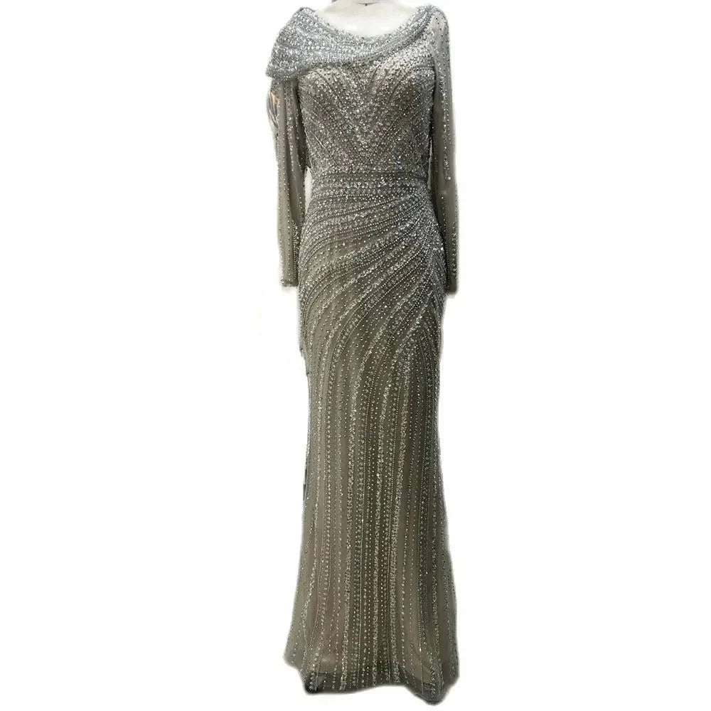 Vestido de noche elegante estilo sirena azul con cuentas color nude y plata árabe de Dubái para mujer, vestido de fiesta 2025 LA70752L 