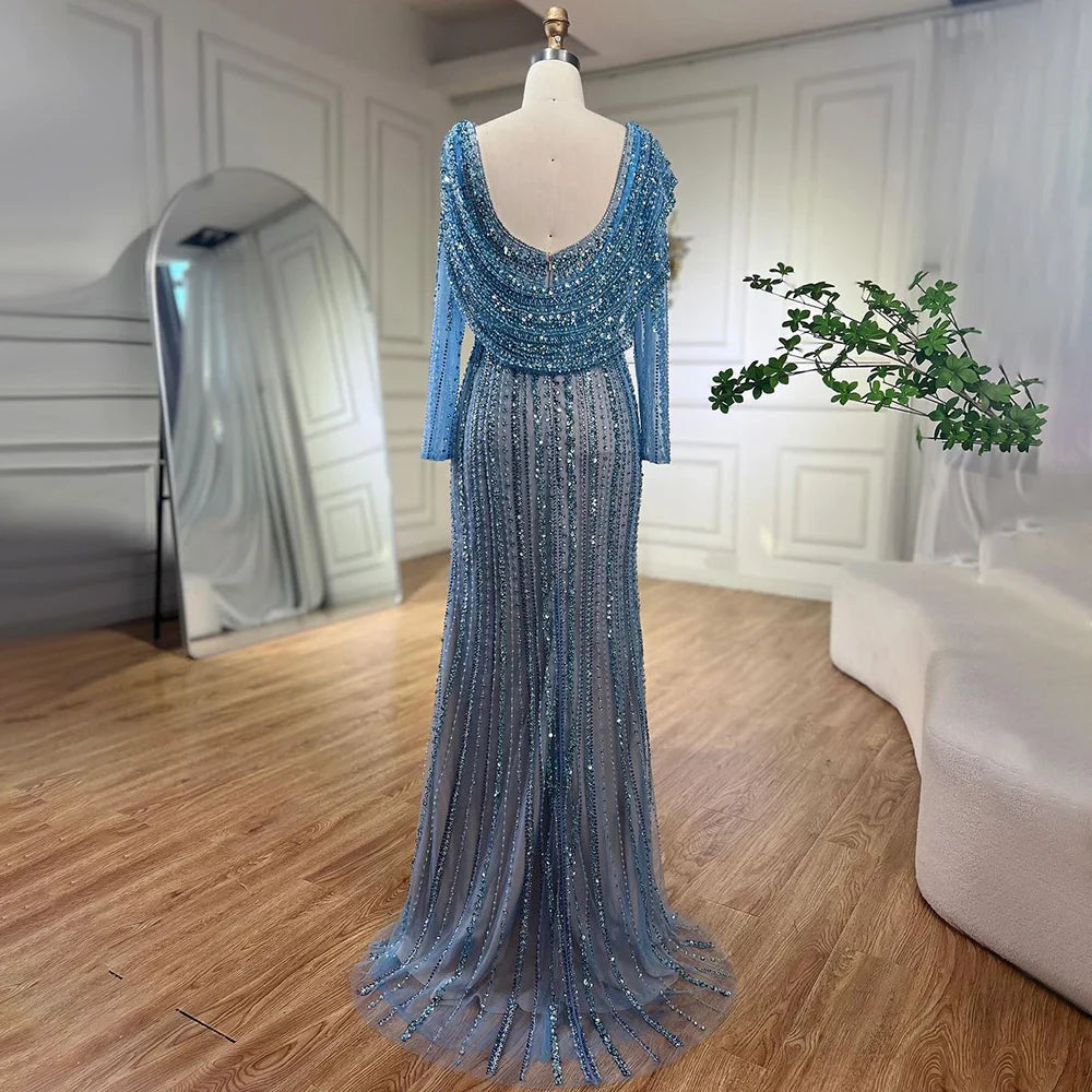 Vestido de noche elegante estilo sirena azul con cuentas color nude y plata árabe de Dubái para mujer, vestido de fiesta 2025 LA70752L 