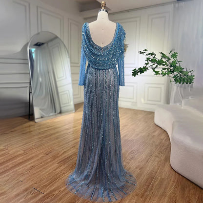 Vestido de noche elegante estilo sirena azul con cuentas color nude y plata árabe de Dubái para mujer, vestido de fiesta 2025 LA70752L 