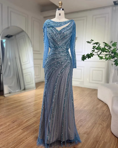 Vestido de noche elegante estilo sirena azul con cuentas color nude y plata árabe de Dubái para mujer, vestido de fiesta 2025 LA70752L 
