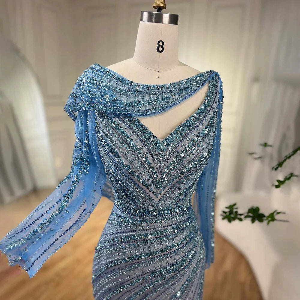 Vestido de noche elegante estilo sirena azul con cuentas color nude y plata árabe de Dubái para mujer, vestido de fiesta 2025 LA70752L 