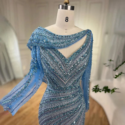 Vestido de noche elegante estilo sirena azul con cuentas color nude y plata árabe de Dubái para mujer, vestido de fiesta 2025 LA70752L 