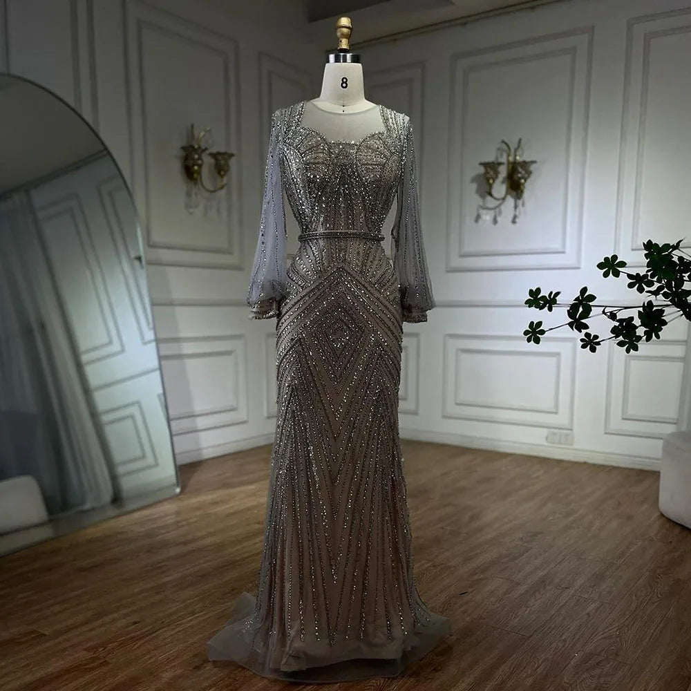 Arabic Silver Nude Elegant Mermaid Beaded Luxury Dubai Evening Dresses Gowns For Women Wedding Party 2025 LA72017