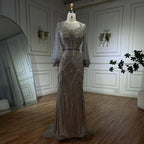 Arabic Silver Nude Elegant Mermaid Beaded Luxury Dubai Evening Dresses Gowns For Women Wedding Party 2025 LA72017