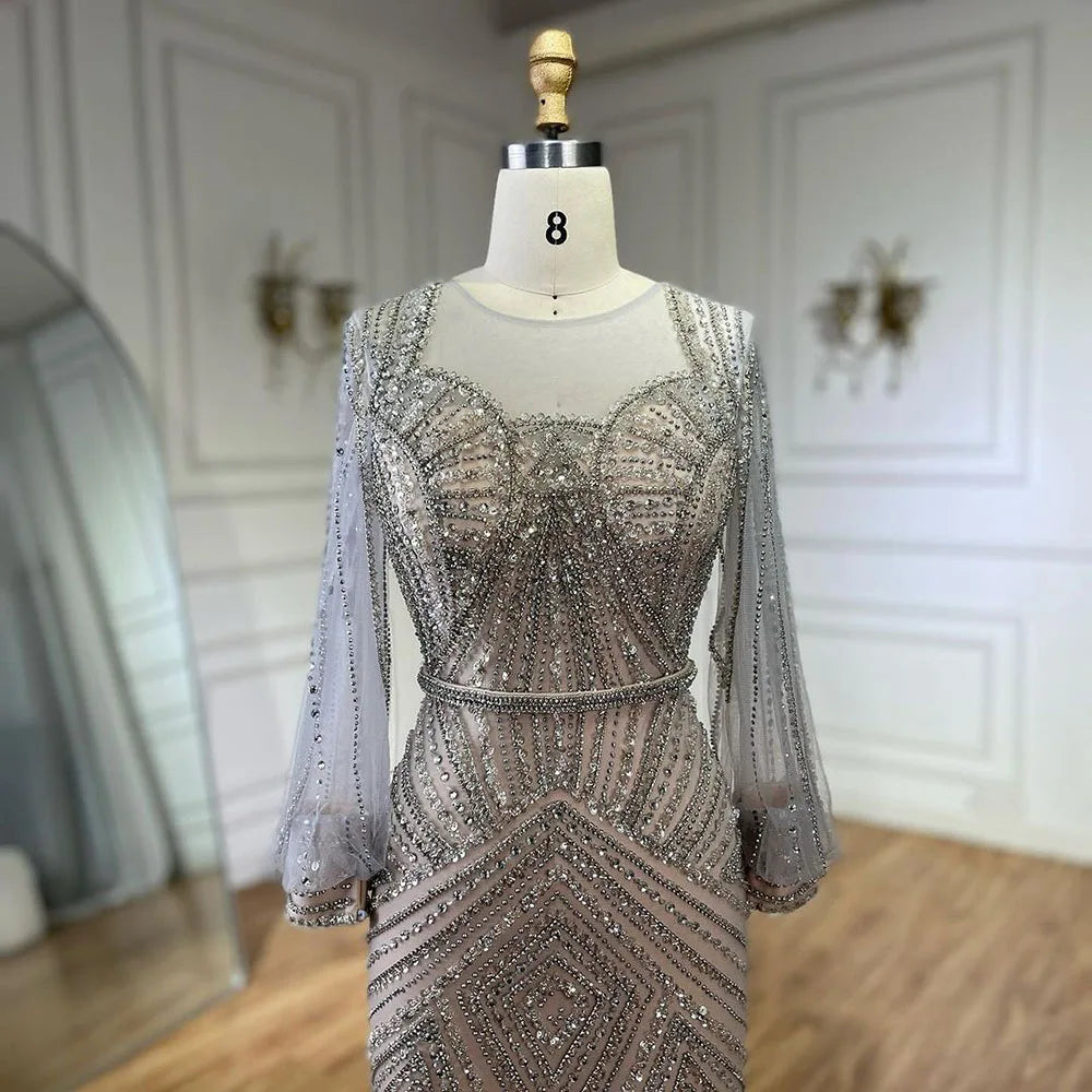 Arabic Silver Nude Elegant Mermaid Beaded Luxury Dubai Evening Dresses Gowns For Women Wedding Party 2025 LA72017