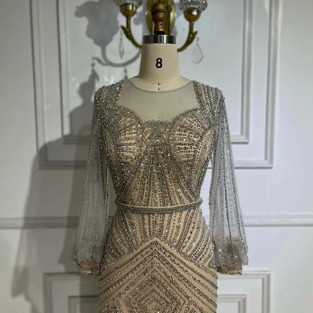 Vestidos de noche elegantes de sirena con cuentas, color nude y plata árabe, de lujo, estilo Dubái, para mujer, para boda, fiesta, 2025, LA72017 