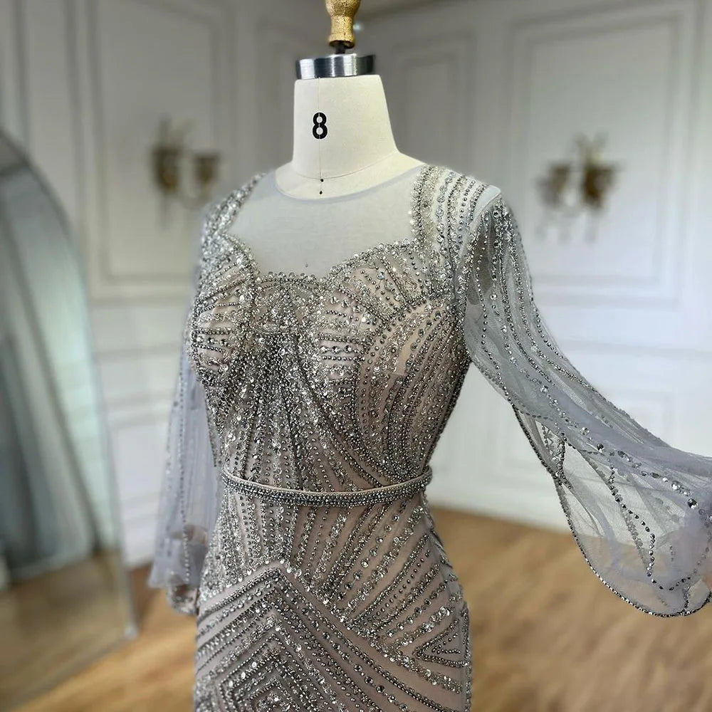 Vestidos de noche elegantes de sirena con cuentas, color nude y plata árabe, de lujo, estilo Dubái, para mujer, para boda, fiesta, 2025, LA72017 