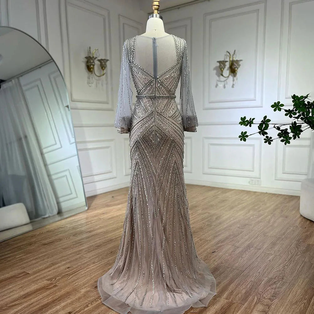 Vestidos de noche elegantes de sirena con cuentas, color nude y plata árabe, de lujo, estilo Dubái, para mujer, para boda, fiesta, 2025, LA72017 