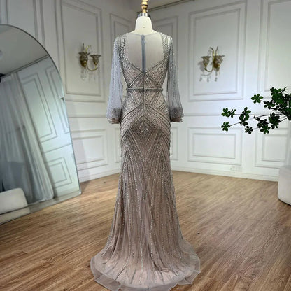 Vestidos de noche elegantes de sirena con cuentas, color nude y plata árabe, de lujo, estilo Dubái, para mujer, para boda, fiesta, 2025, LA72017 