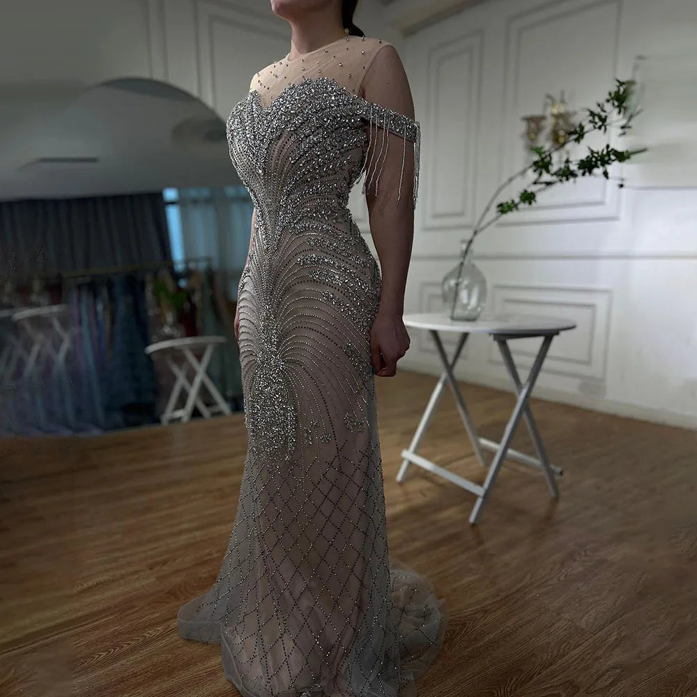 Arabic Silver Nude Mermaid Elegant Tassel Beaded Luxury Dubai Evening Dresses Gowns For Women Party 2025 LA71906