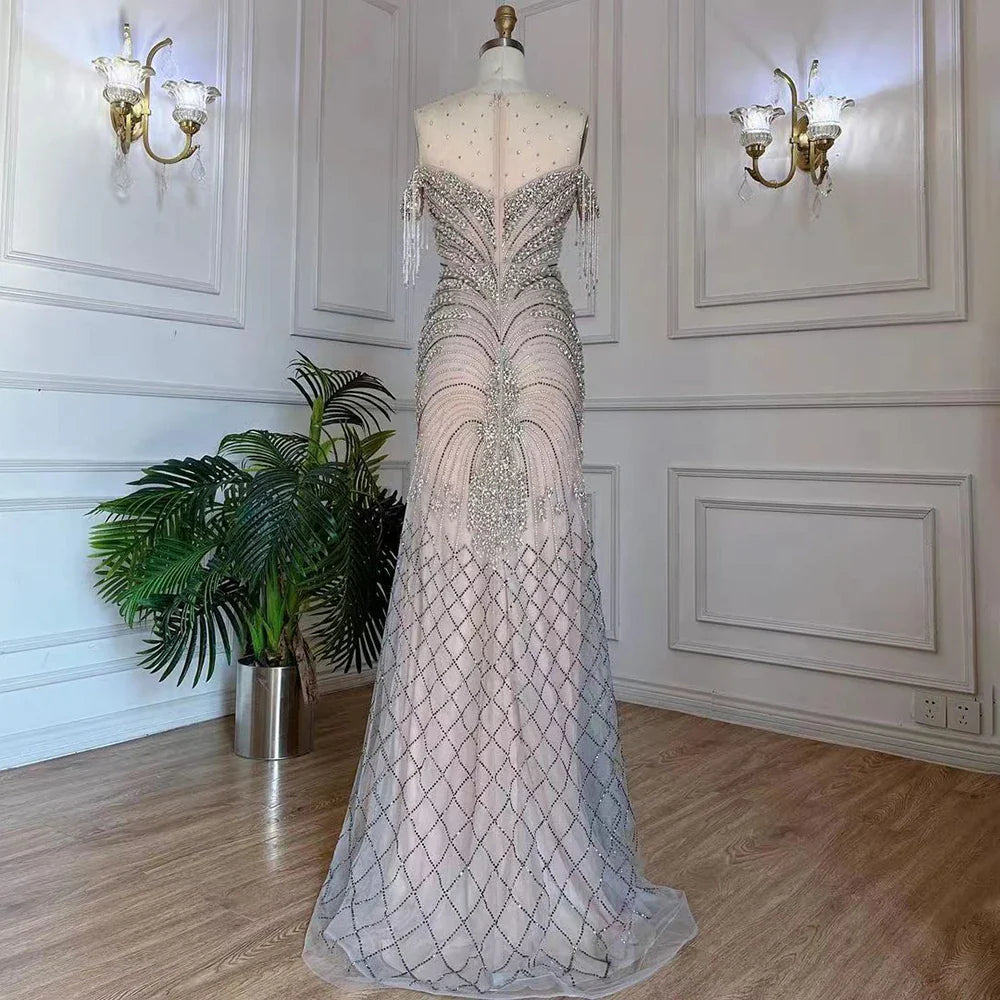 Arabic Silver Nude Mermaid Elegant Tassel Beaded Luxury Dubai Evening Dresses Gowns For Women Party 2025 LA71906