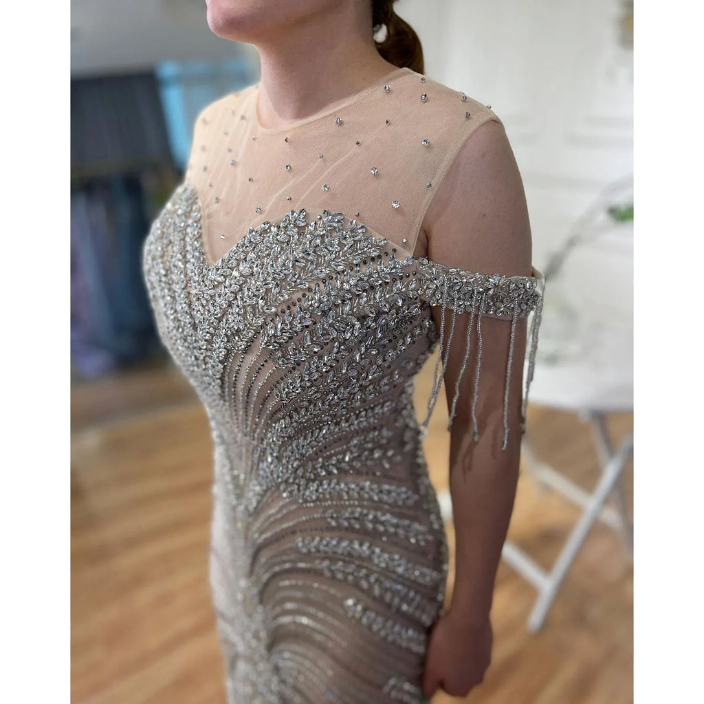 Arabisch Silber Nude Mermaid Elegante Quaste Perlen Luxus Dubai Abendkleider Kleider Für Frauen Party 2025 LA71906 