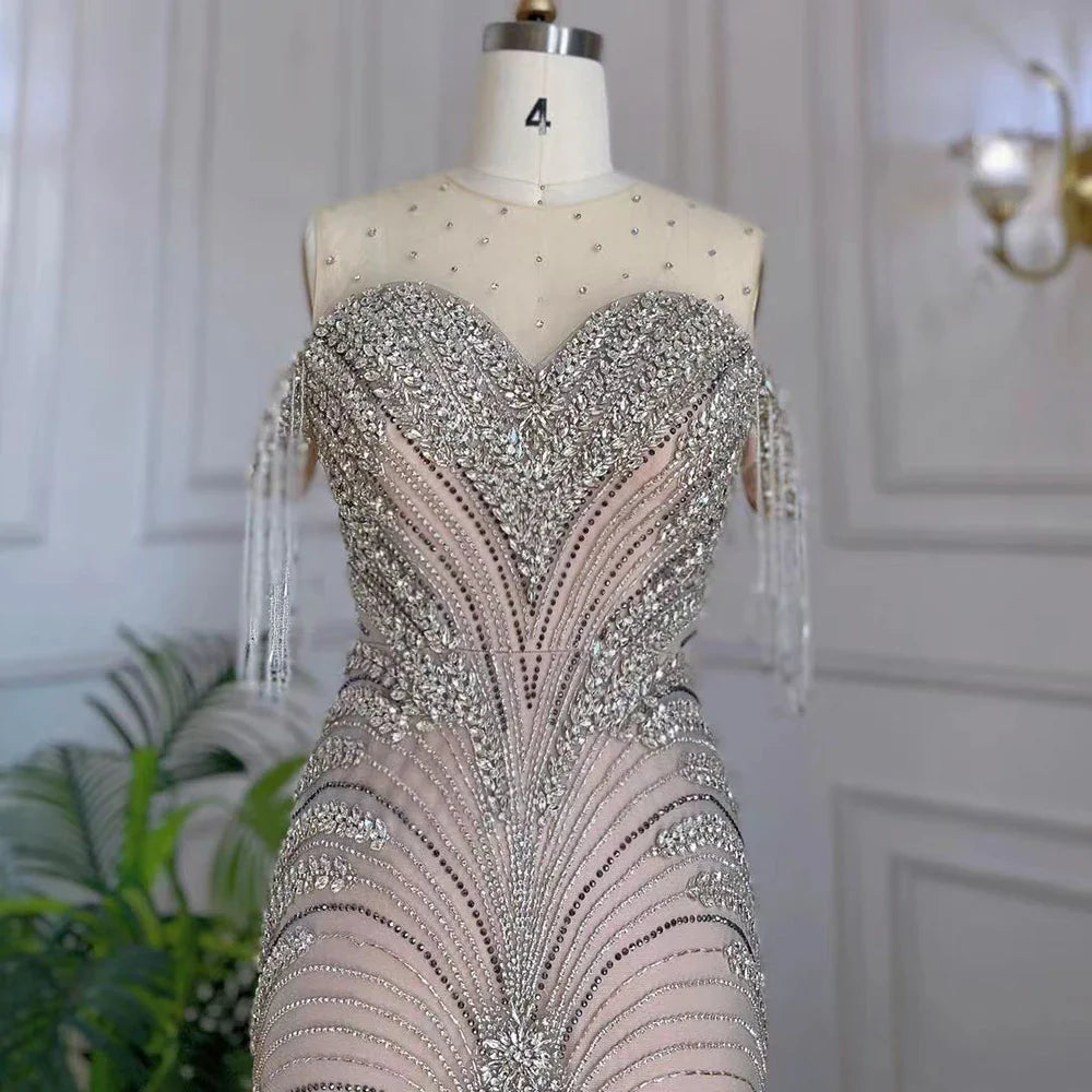 Arabic Silver Nude Mermaid Elegant Tassel Beaded Luxury Dubai Evening Dresses Gowns For Women Party 2025 LA71906