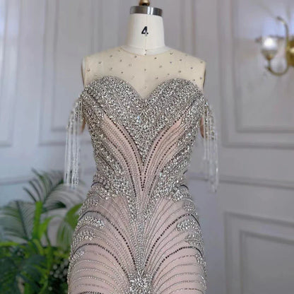 Elegante vestido de noche estilo sirena árabe, plateado, nude, con borlas y cuentas, de lujo, estilo Dubái, para mujer, fiesta 2025, LA71906 