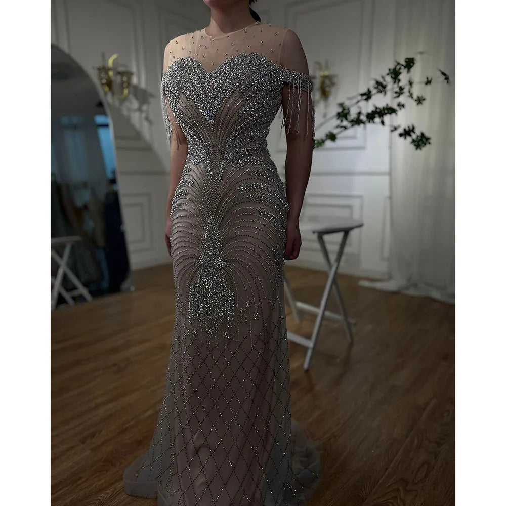 Elegante vestido de noche estilo sirena árabe, plateado, nude, con borlas y cuentas, de lujo, estilo Dubái, para mujer, fiesta 2025, LA71906 