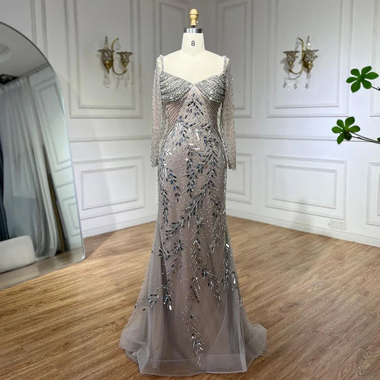 Vestido de noche elegante estilo sirena árabe color plata nude con cuentas de lujo estilo Dubái para mujer, para fiesta de bodas 2025 LA72513 
