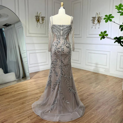 Vestido de noche elegante estilo sirena árabe color plata nude con cuentas de lujo estilo Dubái para mujer, para fiesta de bodas 2025 LA72513 