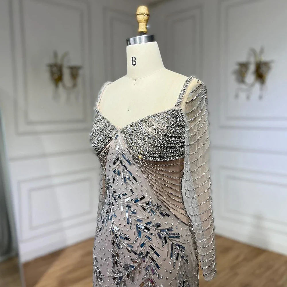 Arabisch Silber Nude Meerjungfrau Luxus Perlen Elegante Dubai Abendkleider Kleider für Frau Hochzeit Party 2025 LA72513 