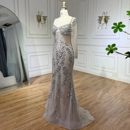 Vestido de noche elegante estilo sirena árabe color plata nude con cuentas de lujo estilo Dubái para mujer, para fiesta de bodas 2025 LA72513 