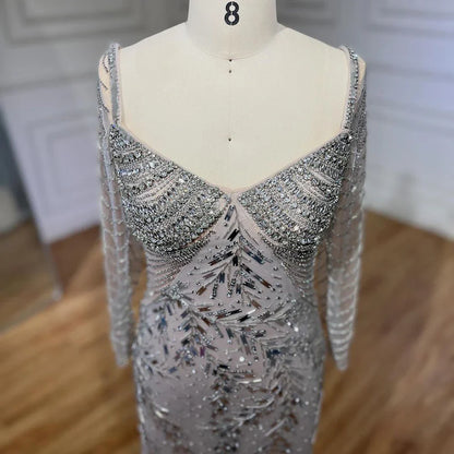 Vestido de noche elegante estilo sirena árabe color plata nude con cuentas de lujo estilo Dubái para mujer, para fiesta de bodas 2025 LA72513 