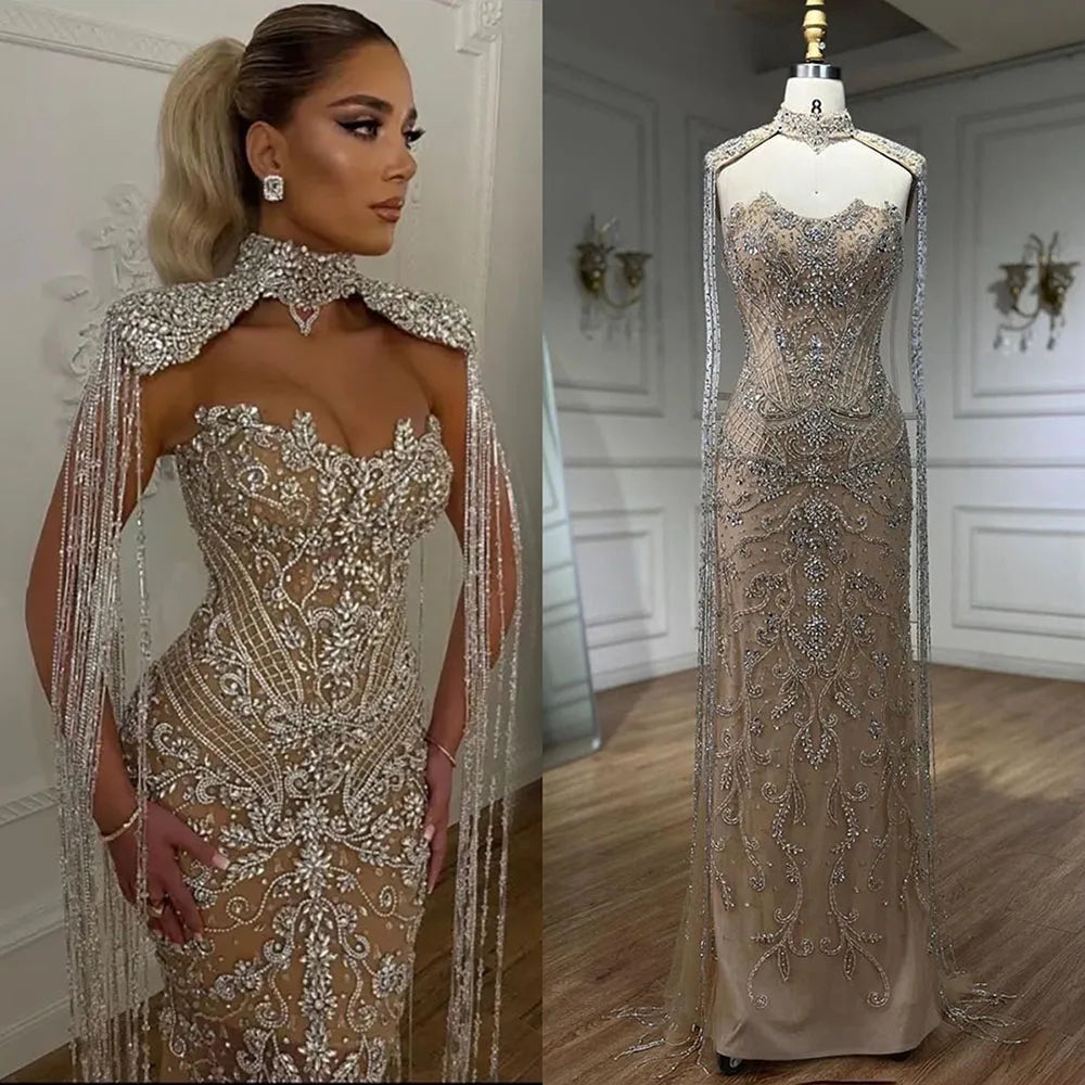 Vestido de noche árabe de lujo con cuentas, sirena, sin tirantes y borlas, LA72237