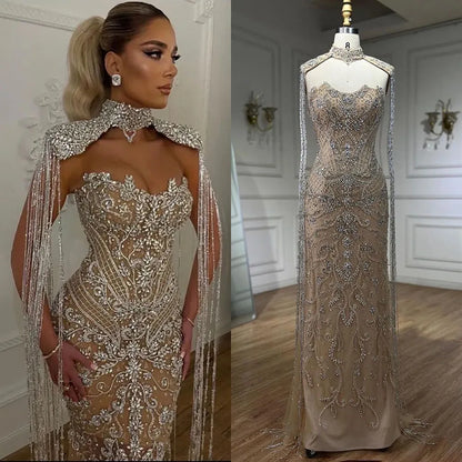 Vestido de noche árabe de lujo con cuentas, sirena, sin tirantes y borlas, LA72237