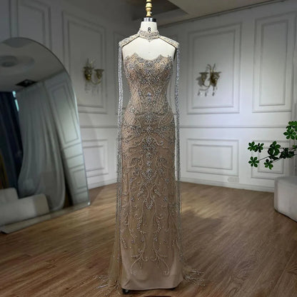 Vestido de noche árabe de lujo con cuentas, sirena, sin tirantes y borlas, LA72237